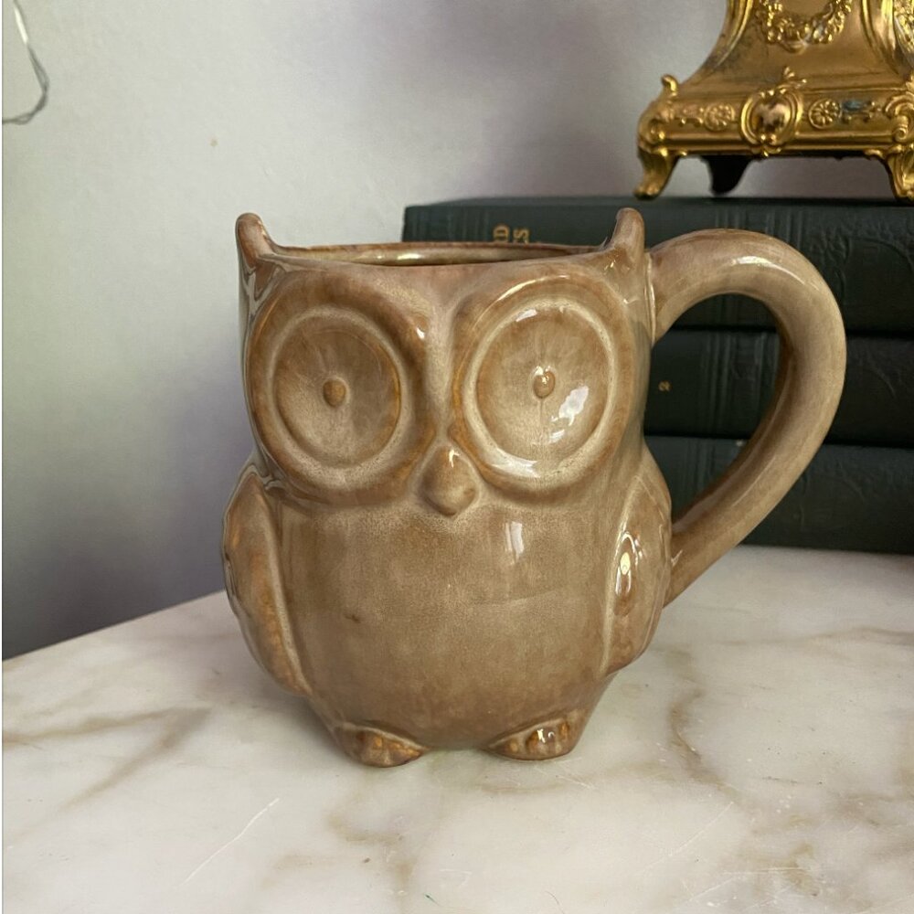 Large Super Cute Vintage Owl Mug Cup 70s 60s Brown Taupe